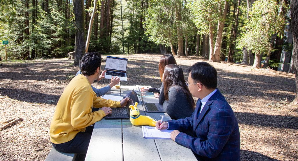 Students working together outside on  a picnic bench in the beautiful redwoods
