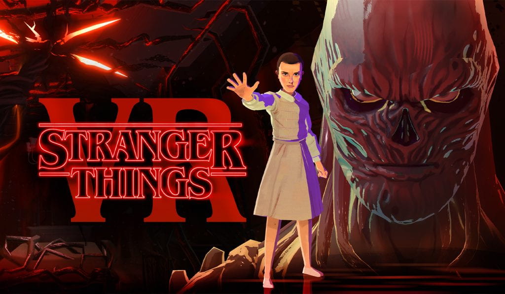 Characters from Stranger Things TV series with Stranger Things VR text overlaid